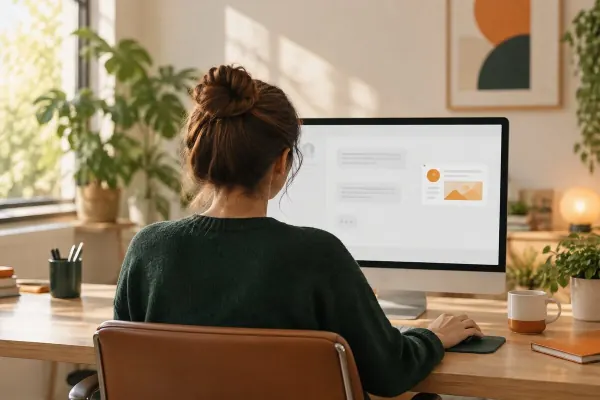Marketeer bekijkt een AI-chatgesprek met een advertentiekaart op een monitor