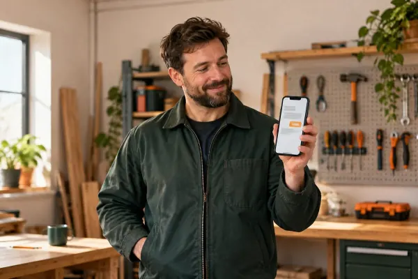 Ondernemer bekijkt op zijn smartphone een AI-chatgesprek in zijn werkplaats