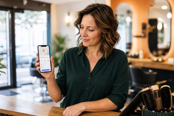 Ondernemer bekijkt haar Google Bedrijfsprofiel op een smartphone in haar kapsalon