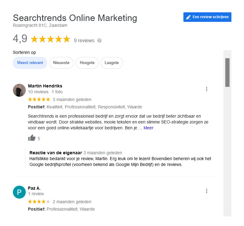 Google Bedrijfsprofiel reviews
