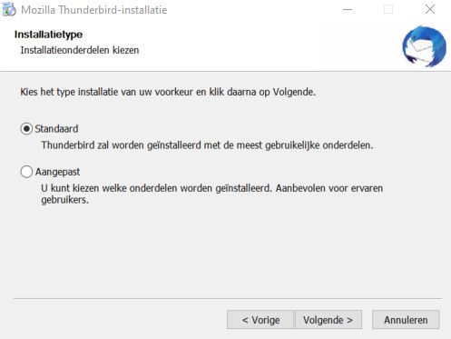 Mozilla Thunderbird mail installatietype